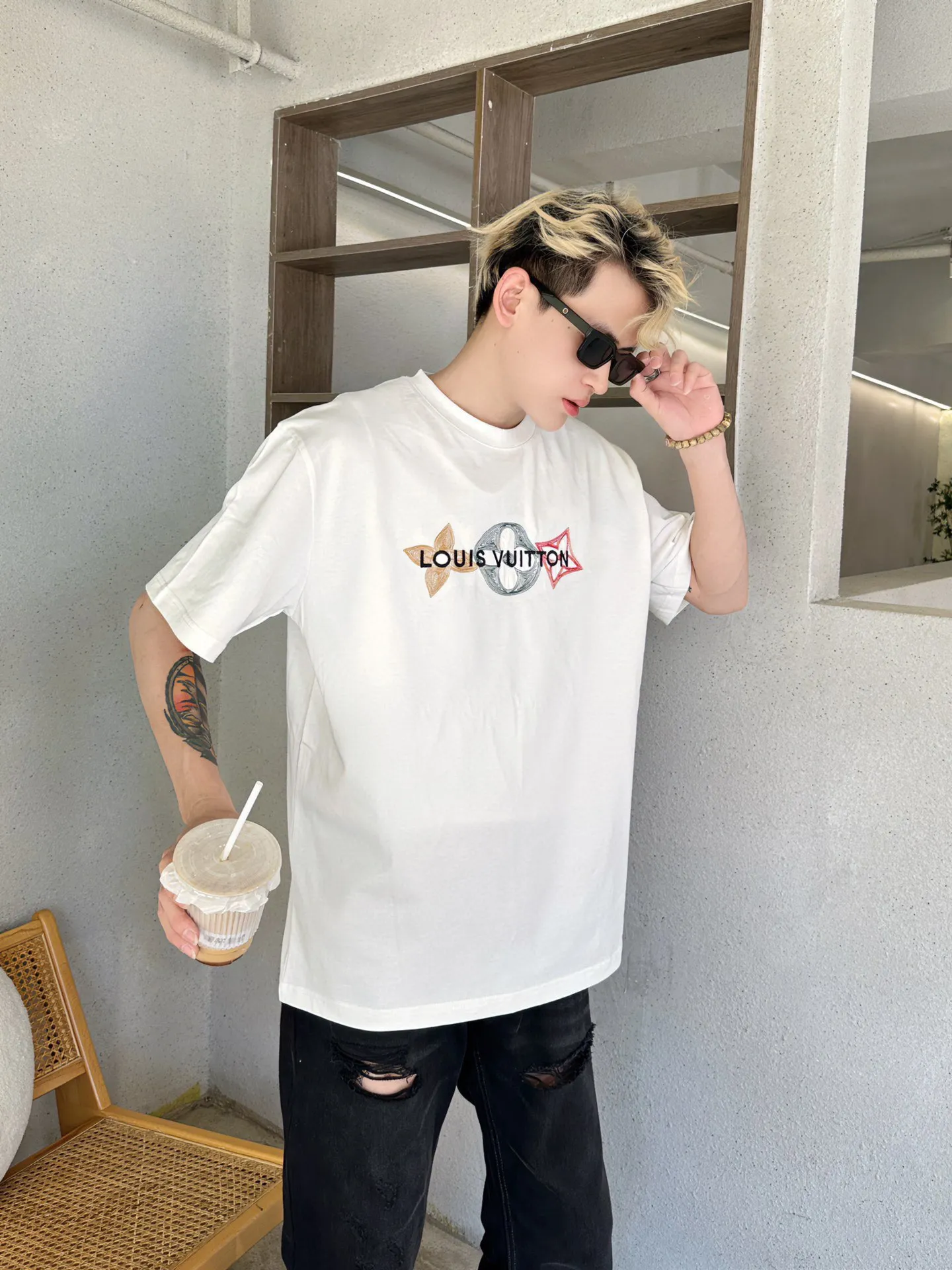 Louis Vuitton/Louis Vuitton 24ss embroidered three-letter short sleeves